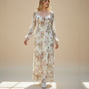 Boho Floral Print Maxi Dress Long Sleeve Square Neck Flowy Wedding Chiffon Gown